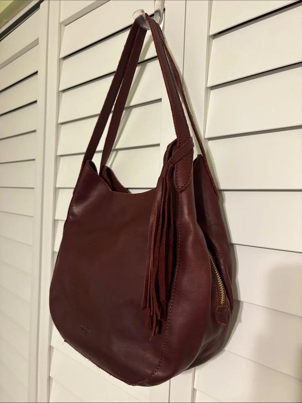 Margot New York Burgundy Genuine Leather Hobo Shoulder Bag with Tassel